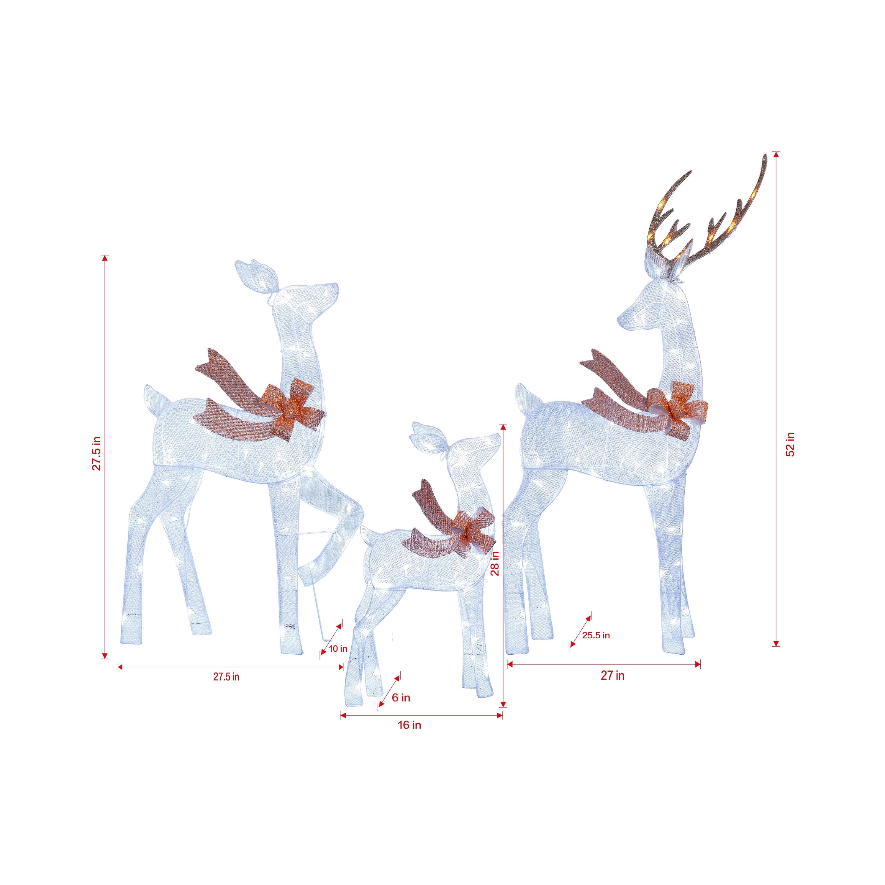 Indoor/Outdoor Light-Up Mesh 2D Deer Family Christmas Decoration with 120 LED Lights, Cool White, Set of 3, by Holiday Time