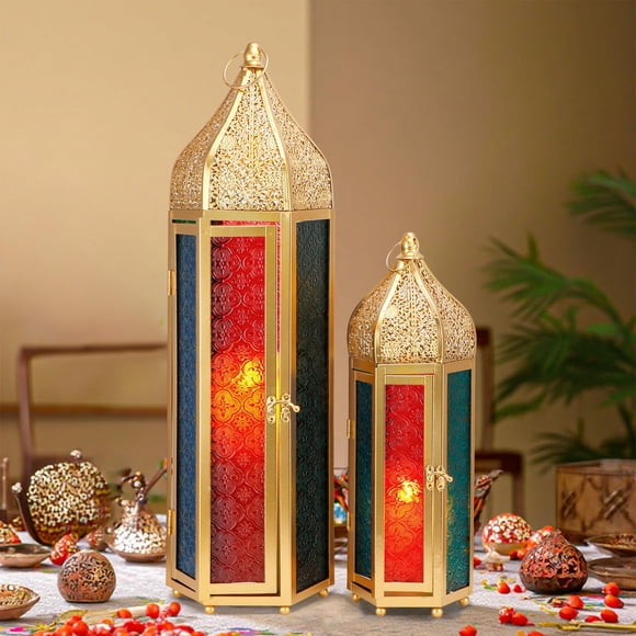 TRIROCKS Ensemble de 2 Lanternes Bougeoirs Marocains 22,5 Pieds'&15 Pieds' H Porte-Bougie Décoratif Lanternes Suspendues avec Verre Trempé Coloré en Relief Décor Ramadan