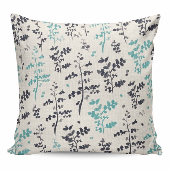 Throw Pillow Covers 24x24 Inch, Aqua Grey Botanical Decorative Pillow Cases for Couch Sofa Bed, Rustic Country Spring Floral Summer Leafv Cotton Linen Square Home Decor Pillowcases