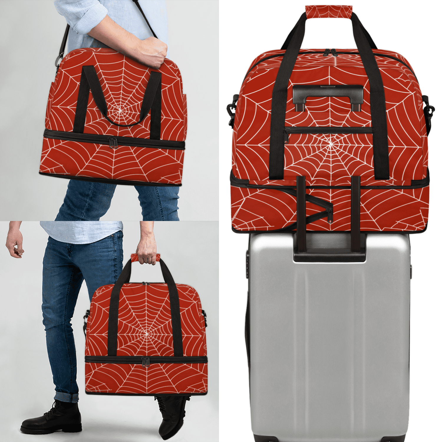 Herdesigns Spiders Web Travel Duffel Bag with Shoe Compartment Red Large Foldable Waterproof Weekend Overnight Bag for Beach Swim Pool Bags Sports Gym