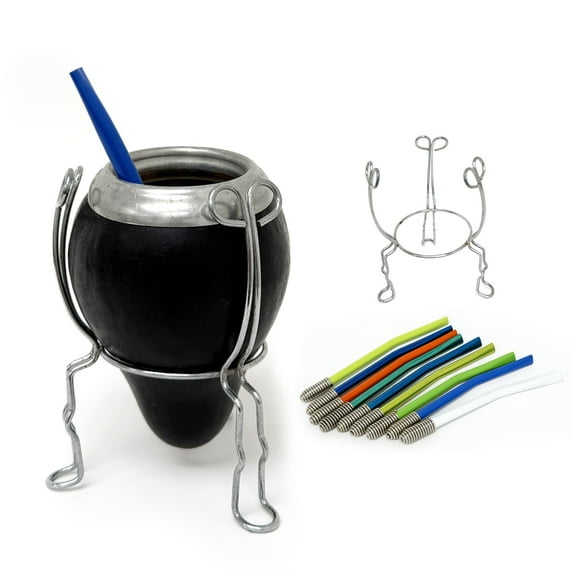 Traditional Argentina Mate Gourd 3 Pc Set Stand & Straw Classic Natural Handmade