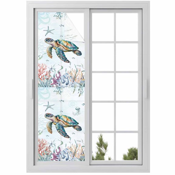 Sea Turtle Coastal Window Privacy Film, Summer Beach Coral Ocean Seaweed Static Cling UV Sun Blocking Heat Control Window Tint Day and Night, Non-Adhesive One Way Windows Privacy Cover 17.7''x78.7''