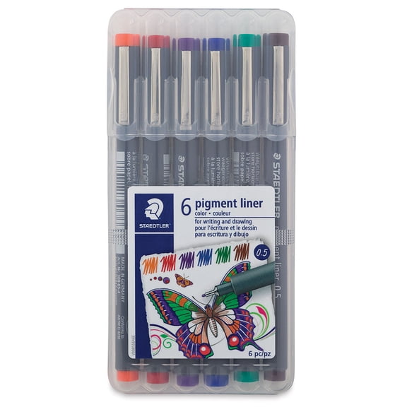 Staedtler Pigment Liner Pens - Set of 6, Assorted Colors, Fine Tip, 0.5 mm