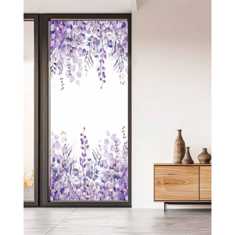 Purple Floral Static Cling Window Film - 24x36", No Glue, UV & Heat Blocking, Privacy For Bathroom/Home