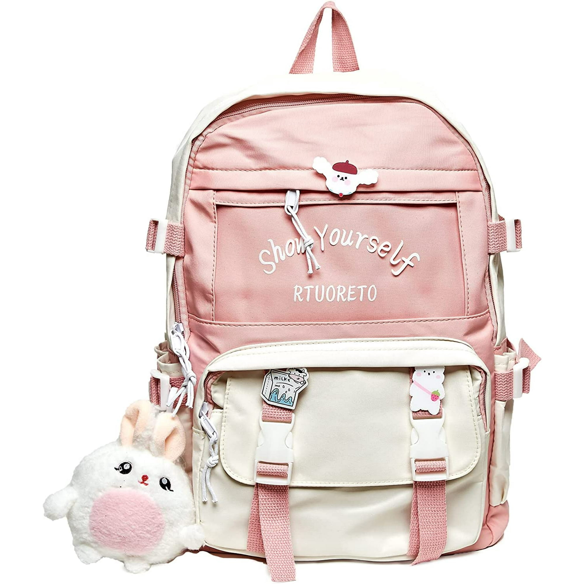Kawaii Backpack for Girls with Cute Pin Plush Pendant Accessories Schoolbag Cute Aesthetic Backpack for Women Pink