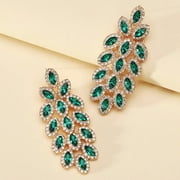 Royal Elegant Emerald Green Gold Crystal Stud Long Dangle Earrings Bridal Women Statement Jewelry