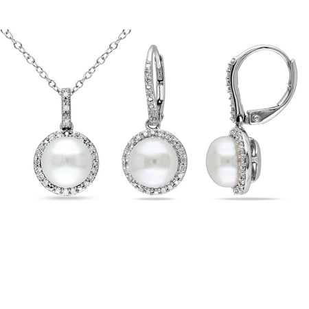 Miabella 8-8.5mm White Cultured Freshwater Pearl and 1/3 Carat T.W. Diamond Sterling Silver 2-Piece Halo Pendant and Earrings Set