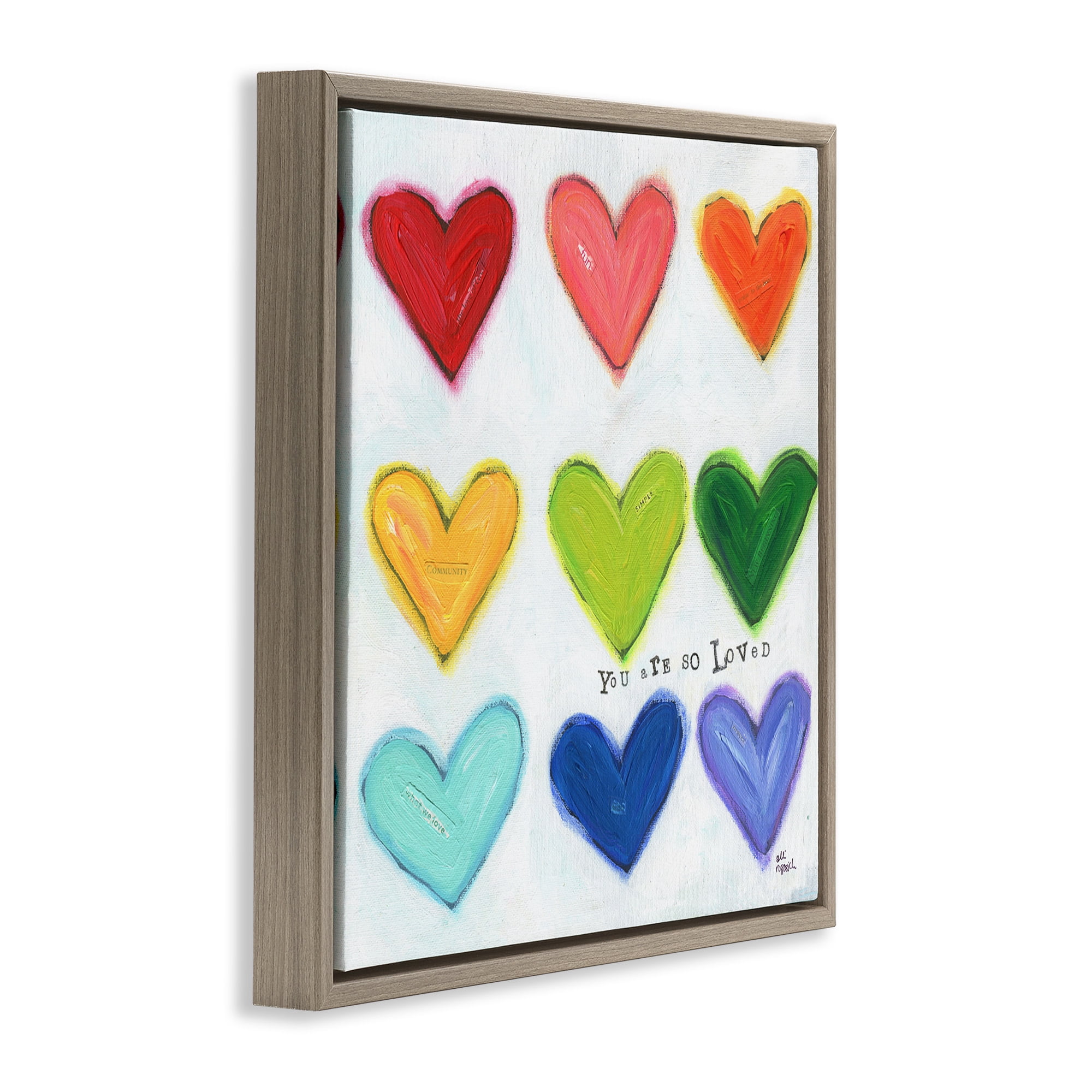 Stupell Industries You Are So Loved Rainbow Hearts Inspirational Painting Brown Floater Framed Canvas Art Print Wall Art, 25 x 25