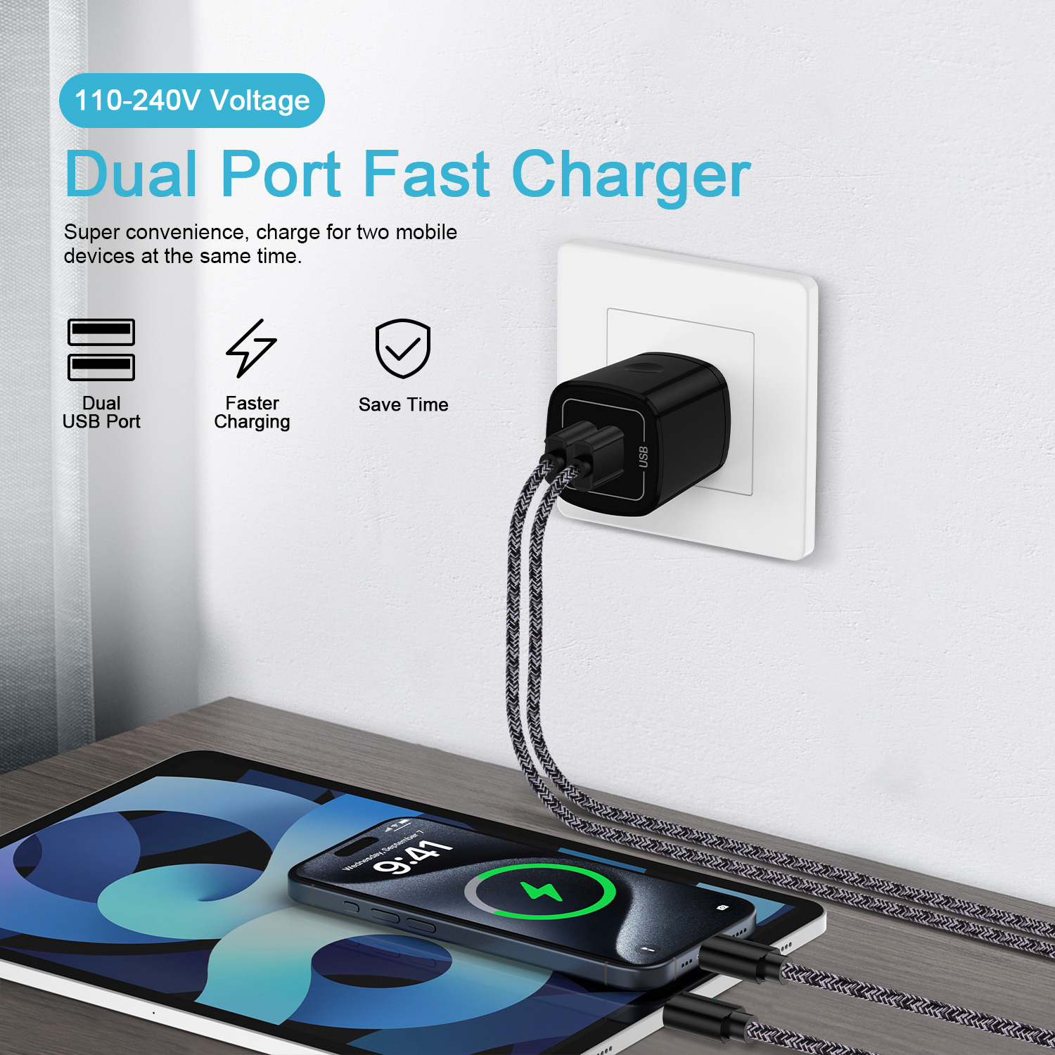 Hootek 2-Port USB-C Wall Charger with 2 Braided Cables, Black photo 5