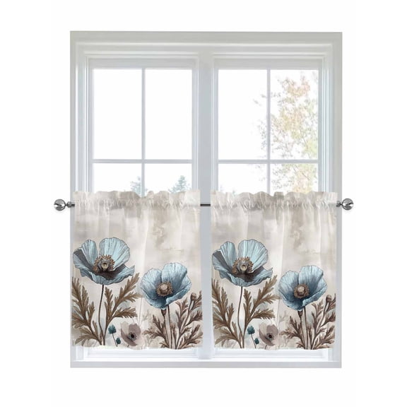 Half Window Curtains 24 Inches Long, Spring Floral Window Treatment Curtain Drapes, Teal Tulip Farmhouse Retro Botanical Herb Short Curtains Tiers for Kitchen Over Sink, 27.5"x24", 2 Panels