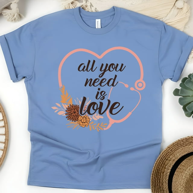 All You Need Is Love Graphic T-Shirt with Stethoscope Heart Design, CarolinaBlue, Size 2XL