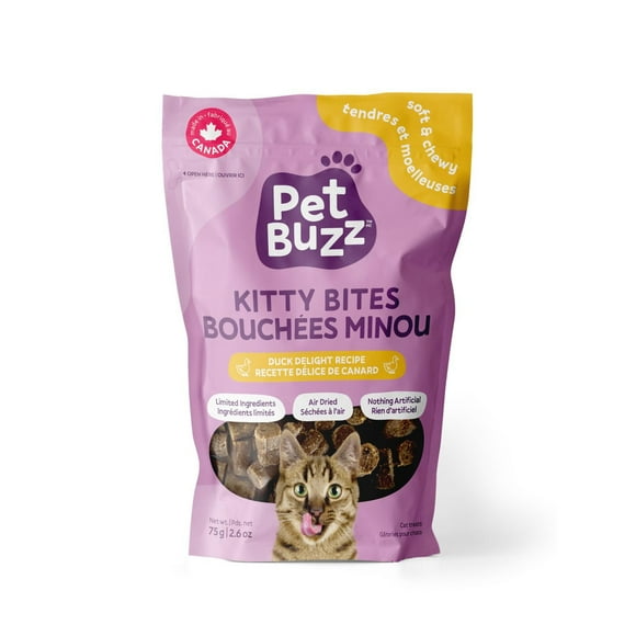 Pet Buzz Kitty Bites, Duck Delight Delicious Cat Recipe, All-Natural Soft & Chewy Cat Treats, 75g/2.6oz Bag, Made in Canada