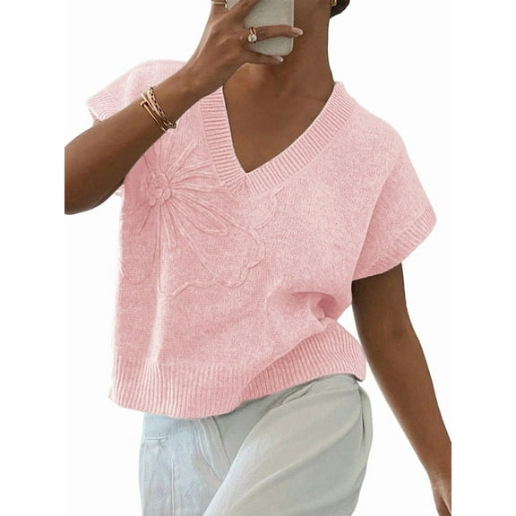 Womens Floral Cute Cap Sleeve Tops 3D Flower Decor Knit Tank Top Loose Spring Fall Summer Clothes 2025 Light Pink XL