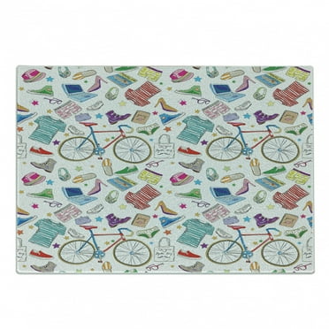 Indie Cutting Board, Urban Hipster Accessories Pattern Colorful Doodle Clothes Shoes Computers Bicycles, Decorative Tempered Glass Cutting and Serving Board, Small Size, Multicolor, by Ambesonne