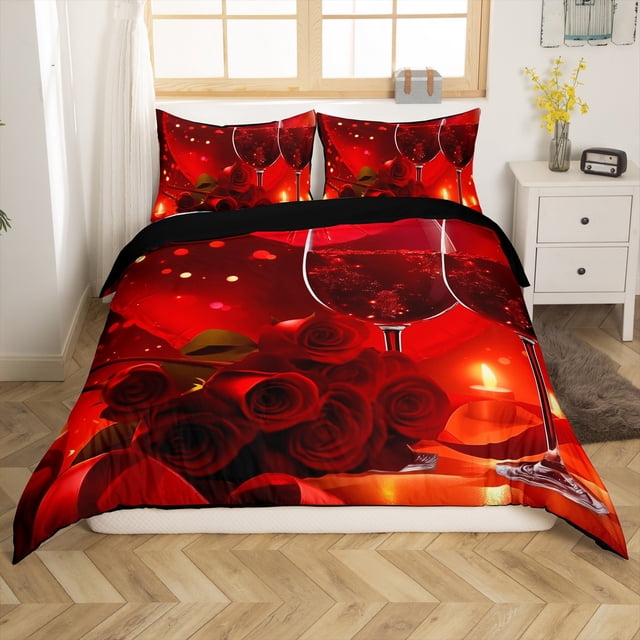 Erosebridal Housse de Couette Chic à Roses Rouges Simple, Literie Joyeuse Saint-Valentin Taille Simple pour Elle, Réversible 2 Pcs (Sans Couette)