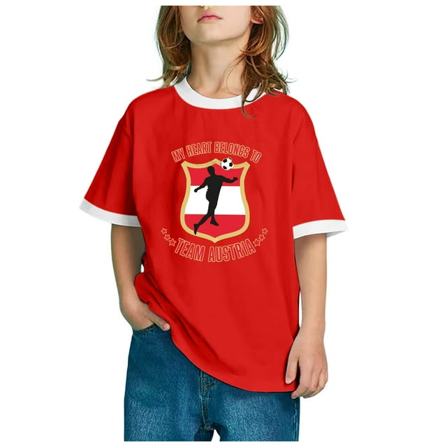 WEAIXIMIUNG T-Shirts Garçons 6 Rouge Drapeau d'Impression pour Enfants Manches Courtes Col Rond T-Shirt Tendance Mode Chemise de Base Hauts