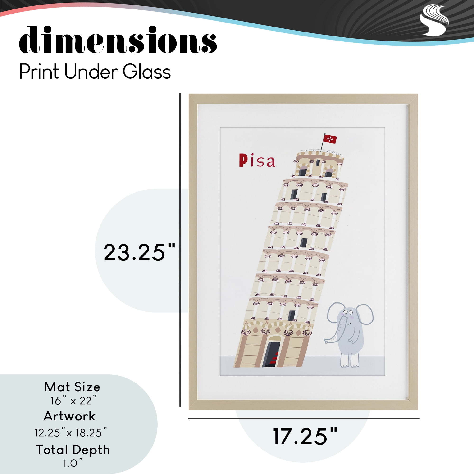 Elephant & Leaning Tower Pisa Birch Framed Print Under Glass, design by Carla Daly
