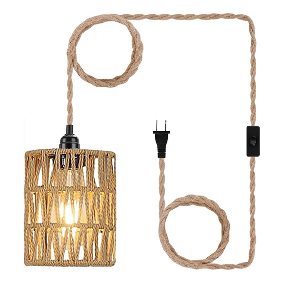 Boho Plug in Pendant Light, Hanging Light with Plug in Cord, Ceiling Lamp Rattan Cylinder Lamp Shade Switch US Plug