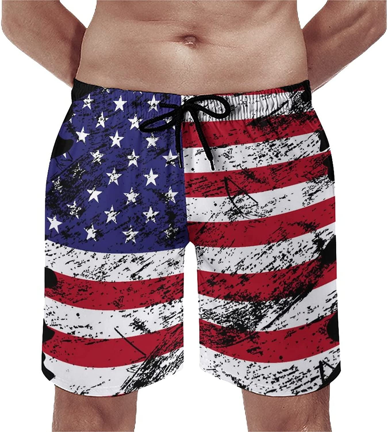 Men's Vintage-Retro-American Flag-Black Quick Dry Board Shorts with ...