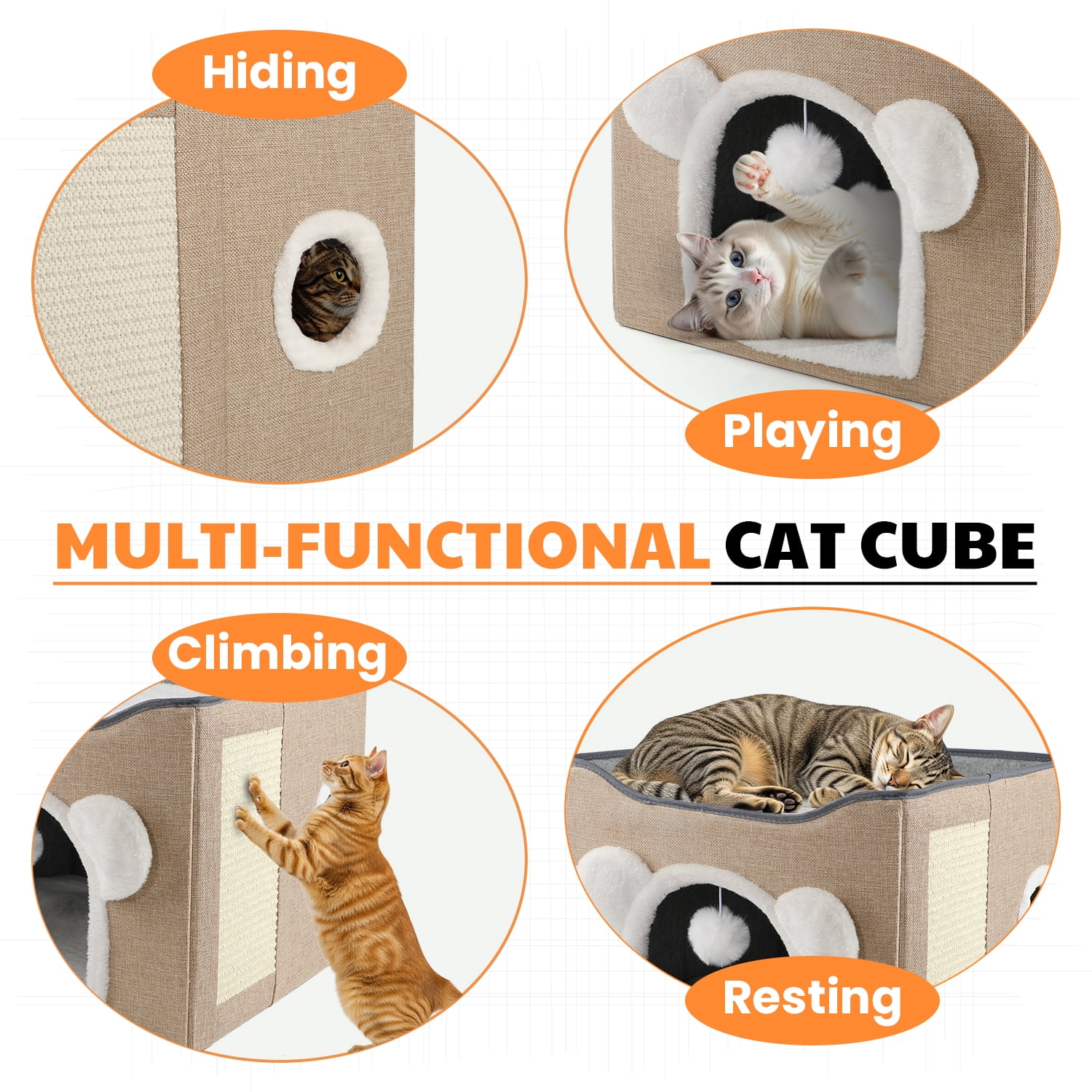 MASBRILL Cat Beds for Indoor Cats - Large Pet Cat Bed Cave with Scratch Pad and Fluffy Ball, Foldable Cat Hideaway for Multi Small Pet