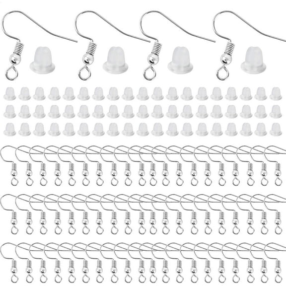 200PCS Hypoallergenic Bead & Spring Surgical Stainless Steel Earring Hooks With 200pcs Earring backs For Jewelry Making DIY (Silver).