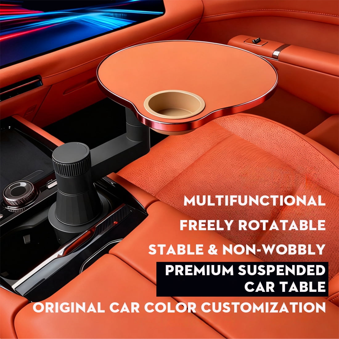 Multifunctional Car Table for Front Seat – 360° Rotation with Cup Holder, Laptop Tray for Driver & Passenger – Fits 2.8-3.9 Inch Cup Holders, Fits Most Car