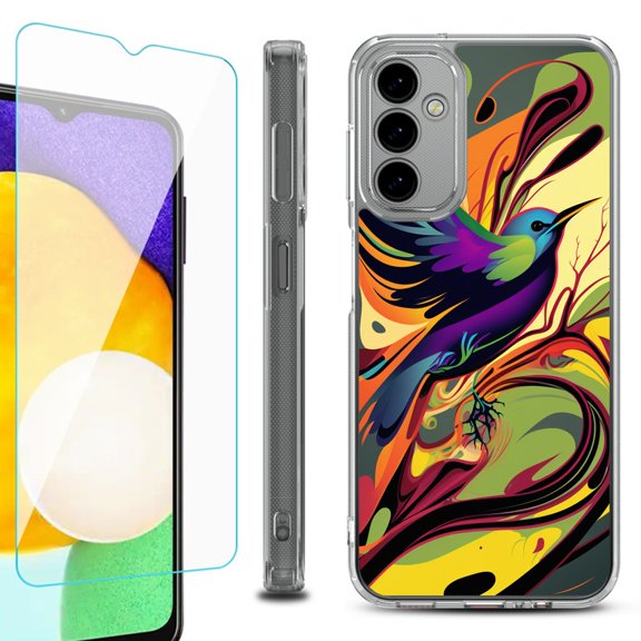 Shockproof Bumper Phone Case for Samsung Galaxy A14 5G, with Tempered Glass Screen Protector, by OneToughShield ® - Abstract Bird