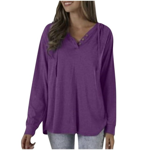 GigrtiJin Womens Oversized V-Neck Tops 2025 Trendy Long Sleeve Solid Color Blouses Button Decor Casual Shirts
