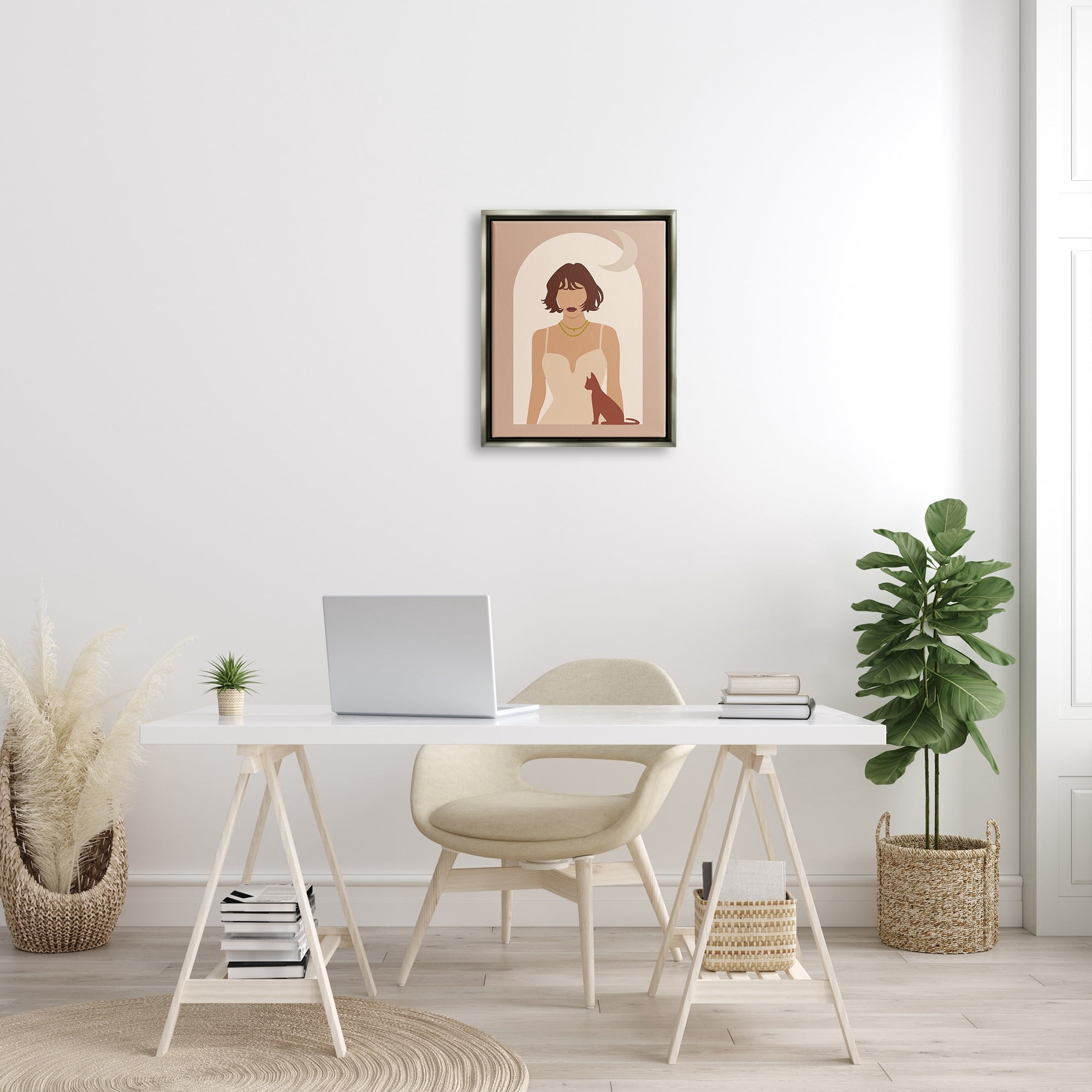 Stupell Industries Woman & Cat Arch Shape Cutout Moon Motif Graphic Art Luster Gray Floating Framed Canvas Print Wall Art, Design by Birch&Ink
