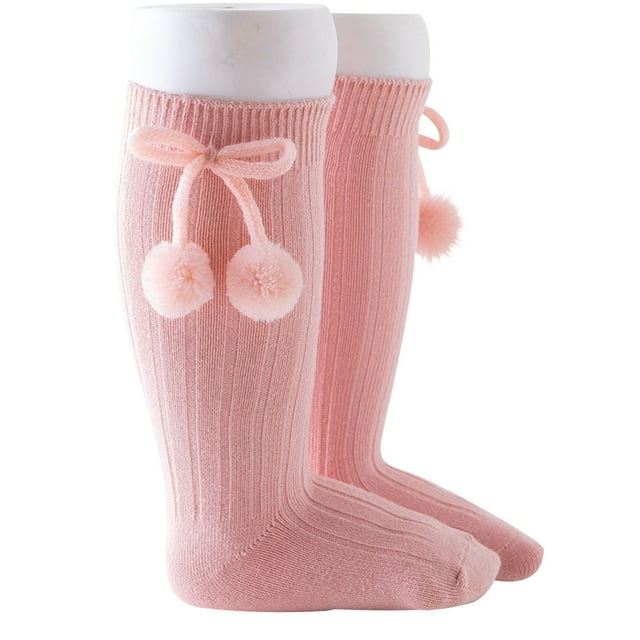 FAIWAD Baby Girls Cute Socks with Pompoms Toddler Stretch High Knee Ribbed Knitted Floor Long Socks