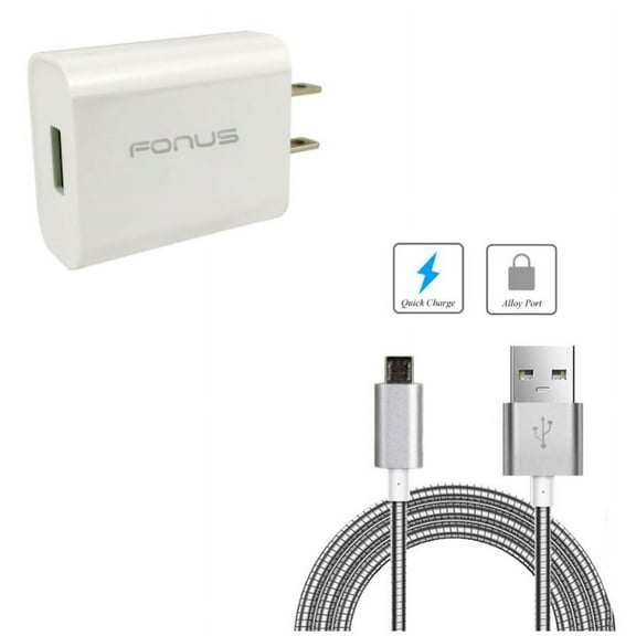 3ft Metal USB Cable w 18W Quick Home Charger J3G for Kyocera Hydro Wave View, Jitterbug Touch, Vibe, DuraForce XD, Shore Reach, DuraXV LTE, Pro, Life Elite C6750 - LG Power, K7, Q6, Lancet