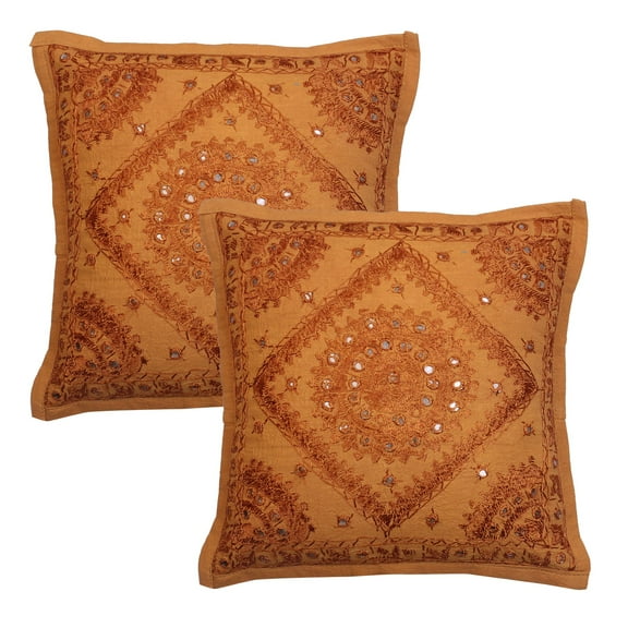Stylo Culture Ethnic Settee Sofa Throw Pillow Covers 16x16 Hand Embroidered Khaki Brown Boho 40x40 cm Home Decor Cotton Mirrored Square Cushion Covers | Set Of 2