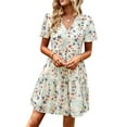 thumbnail image 3 of Women Chiffon Summer Dress V-Neck Short Sleeve Floral Dress Vintage Ruched Flowy A-Line Boho Casual Sundress, 3 of 10