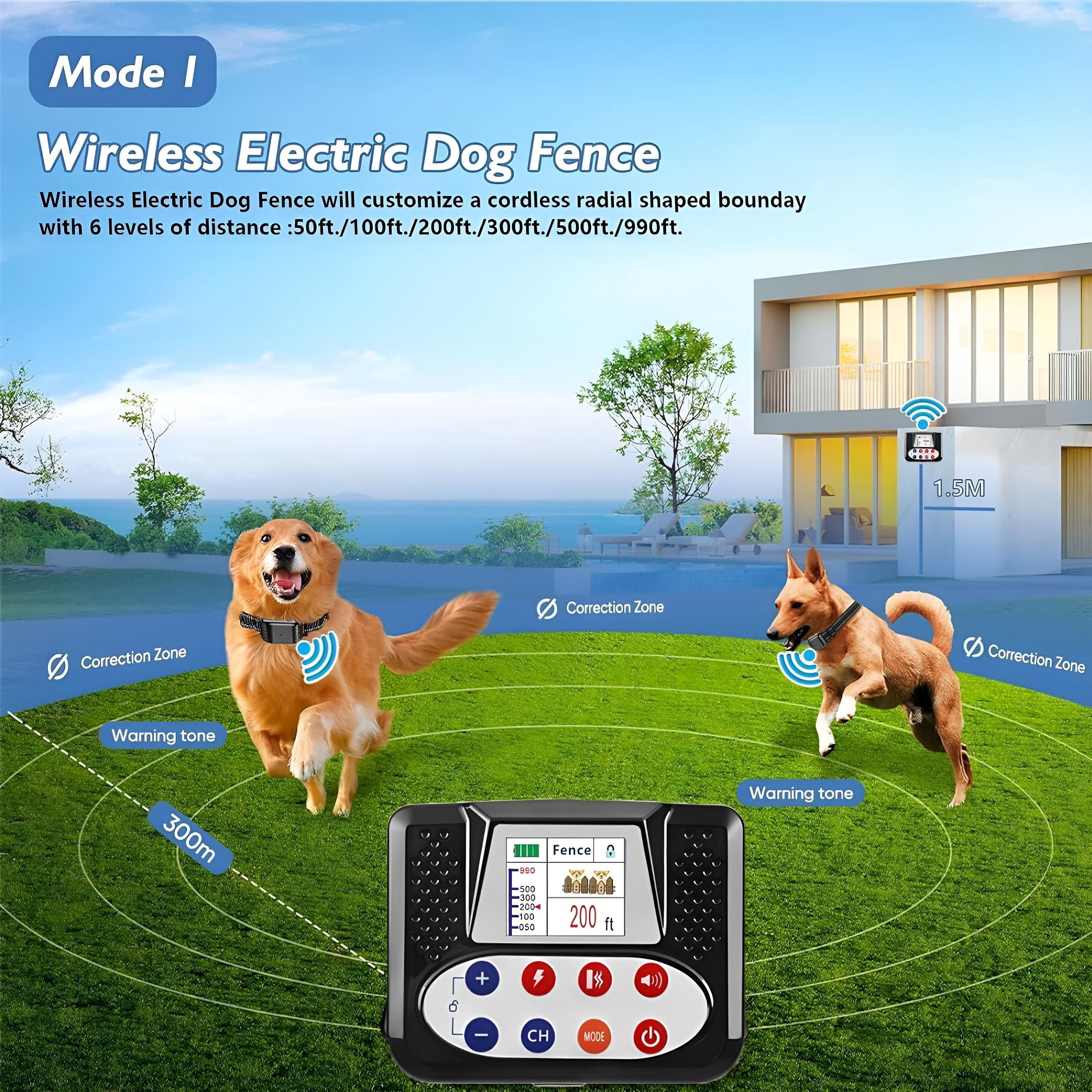BESTSKY Wireless Dog Fence Electric Training Collar 2-in-1, Dog Boundary Containment System, Waterproof Rechargeable Collar Receiver, Vibration Shock, Harmless for All Dogs, for 1 Dog