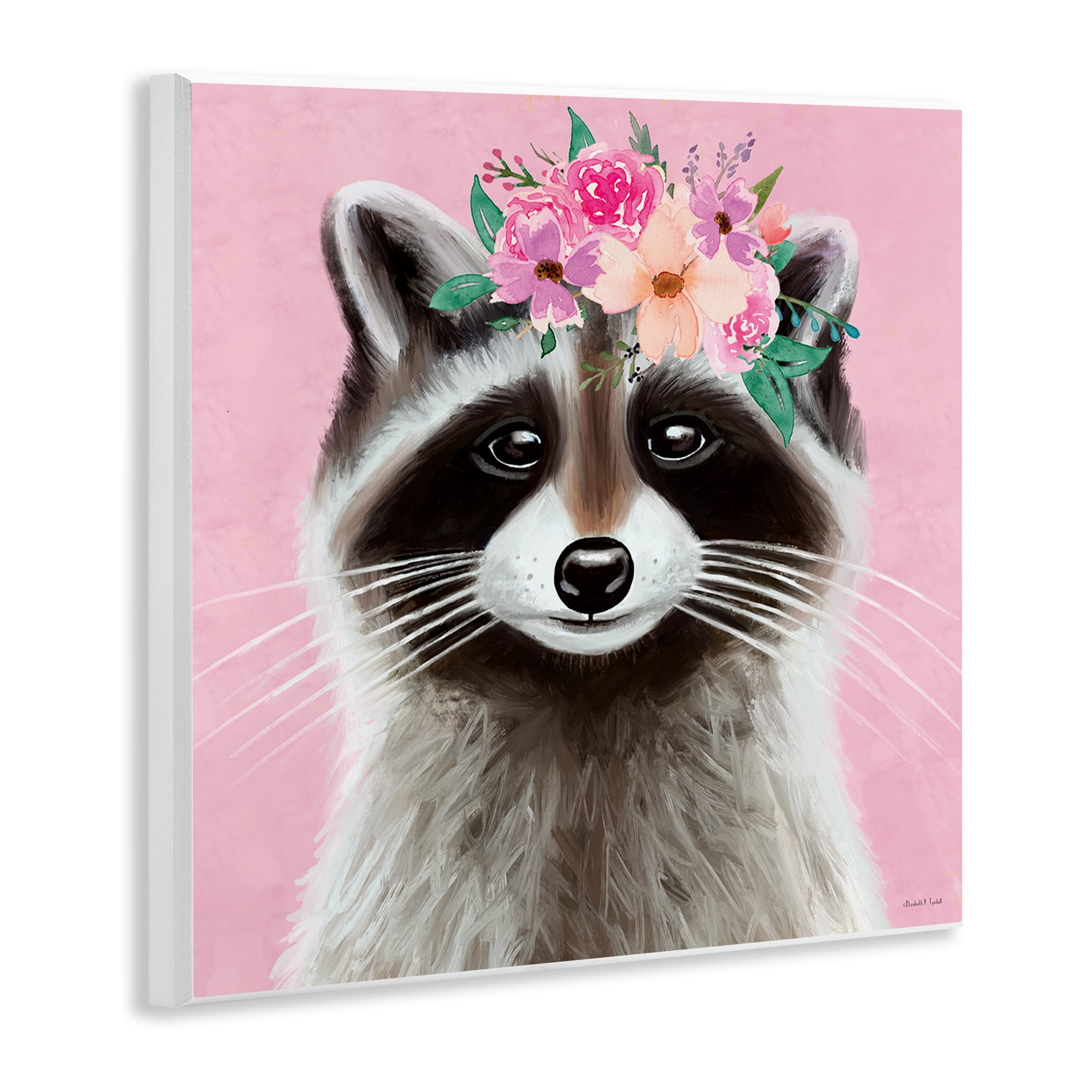 Stupell Industries Pink Florals Raccoon Animals & Insects Painting Unframed Art Print Wall Art, 12 x 12