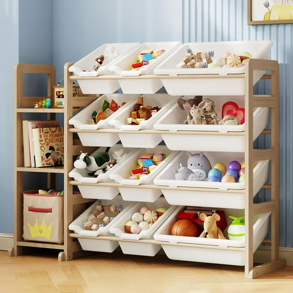Toy Storage Organizer - Toy Organizers and Storage with Bookshelf, Toy Storage Shelf with 3 Shelves and 12 Storage Bins, Kids Bookshelf and Toy Storage for Kids Room, Playroom,