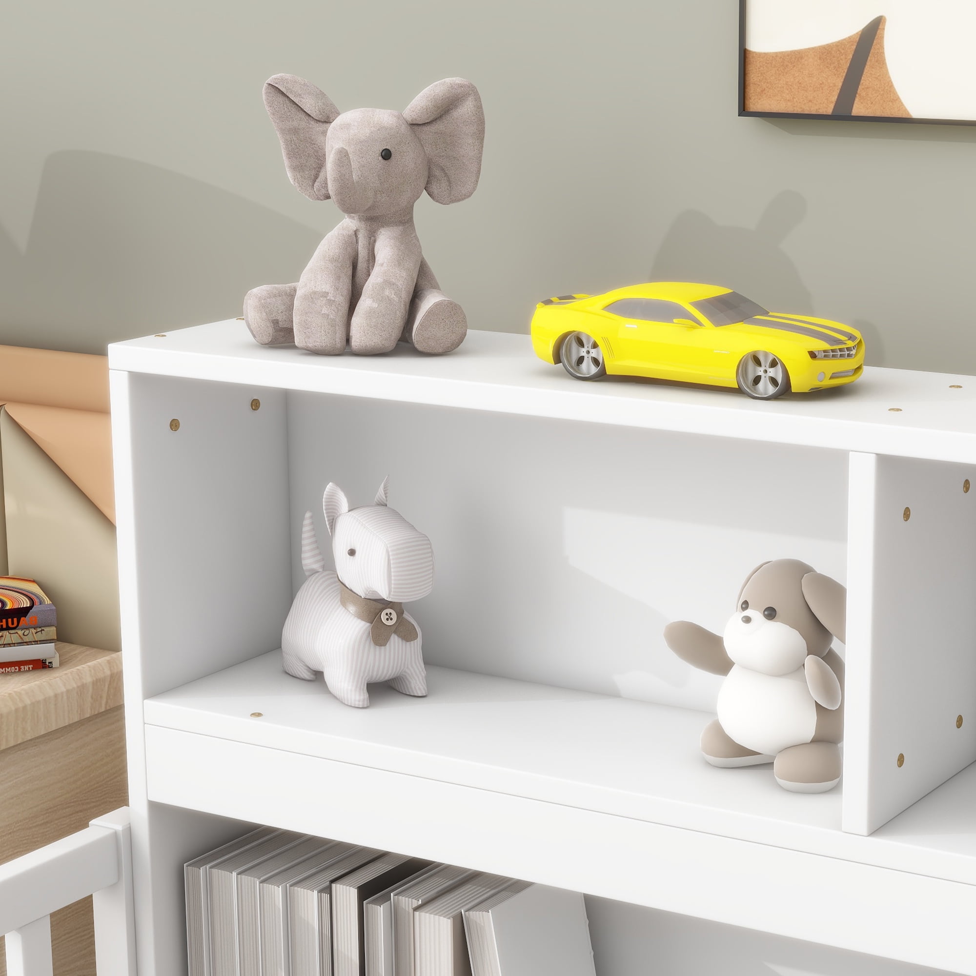 Yoneston Kids Twin Size Floor Bed Frame with Bedside Bookcase Storage Shelves and Guardrails for Toddlers Boys Girls Bedroom Furniture, White