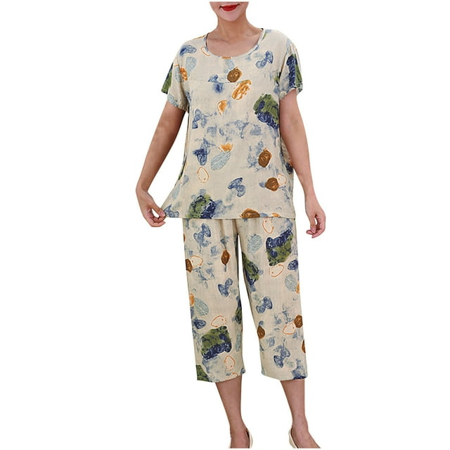 Pisexur Ensembles de Pyjama pour Femmes 2 Pcs, Chemises de Nuit en Coton à Imprimé Floral pour Femmes, Col Rond Décontracté, T-Shirts à Manches Courtes et Pantalons de Détente Longueur Genou, Pyjamas Grande Taille pour Femmes Ensemble TG-4TG