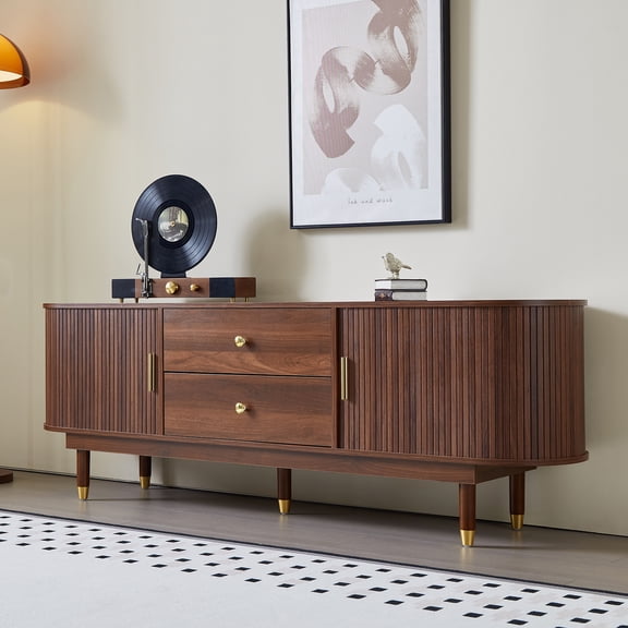siu want Mid-Century Modern 66.9" Solid Wood TV Stand for Living Room - Entertainment Center with Hidden Storage for 75-Inch TVs, Walnut Finish
