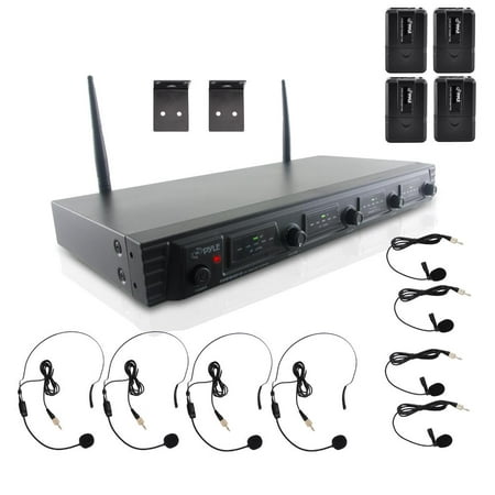 Pyle PDWM4560 - Wireless Microphone System, UHF Quad Channel Fixed Frequency, Rack Mount, Includes (4) Belt-Pack Transmitters, (4) Headset Mics & (4) Lavalier