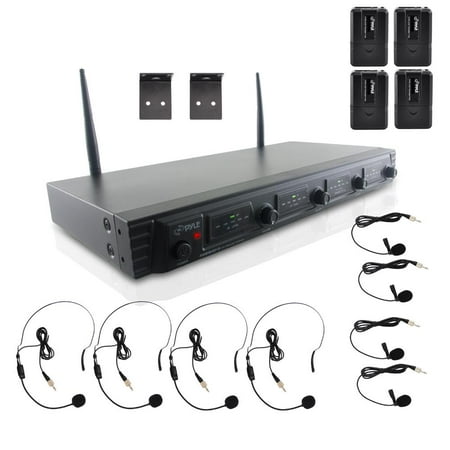 Uhf Beltpack Transmitter (Pyle PDWM4560 - Wireless Microphone System, UHF Quad Channel Fixed Frequency, Rack Mount, Includes (4) Belt-Pack Transmitters, (4) Headset Mics & (4) Lavalier)