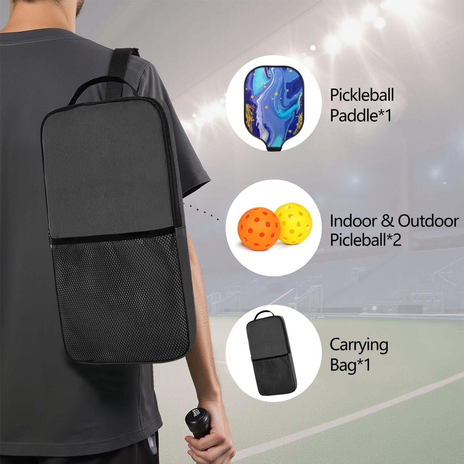 Pickleball Paddles Set Of 1, Fiberglass Surface, Liquid & Marble Print, 1 Paddles, 2 Balls & Bag