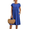 thumbnail image 3 of Vestido de playa de lino y algodón para mujer, informal, holgado, de manga corta, con cuello redondo y bolsillos, 3 of 5