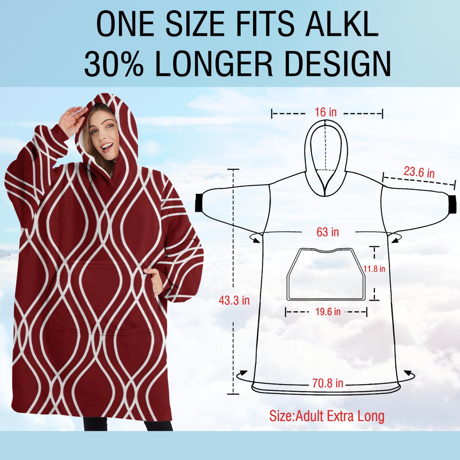 Oversized Wearable Blanket Hoodie,Burgundy and White Wavy Pattern Sherpa Blanket Hoodie with Super Pockets,Super Warm Fuzzy Pullover for Women & Men