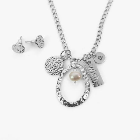 Custom Pearl Necklace - Wish Custom Charm and Pearl Silver Necklace w/ Earrings
