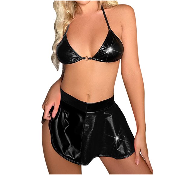 Tnhcen Womens Underwear Strappy Leather Erotic Lingerie Halter Set Two Pieces Sexy Lingerie for Women Naughty Outfits Sexy Lingerie Chemise