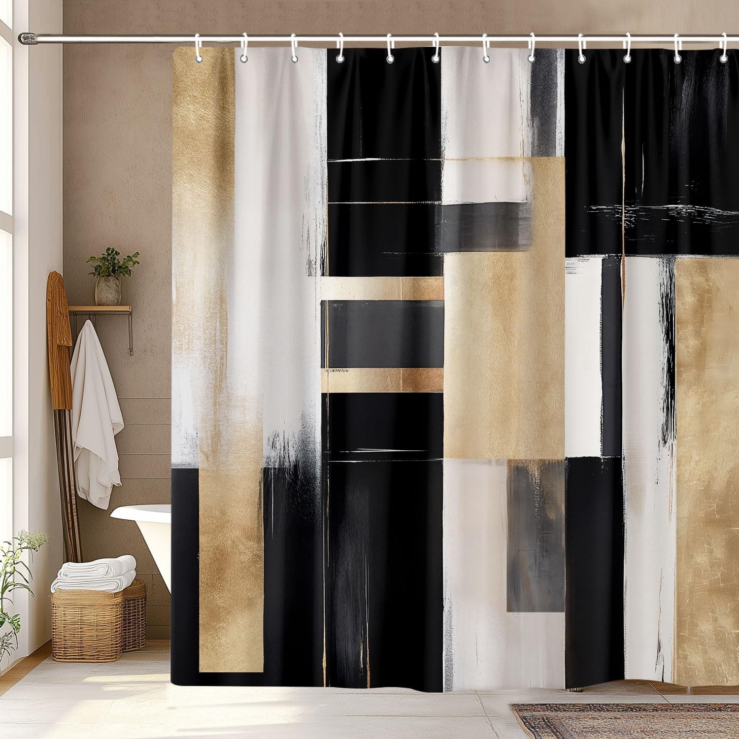 Black and Gold Abstract Shower Curtain, Boho Modern Aesthetic Shower Curtain Set, Beige Cream Brown Oil Painting Neutral Art Shower Curtain for Bathroom Fabric with Hooks 72"W x 78"L (Pack of 1)
