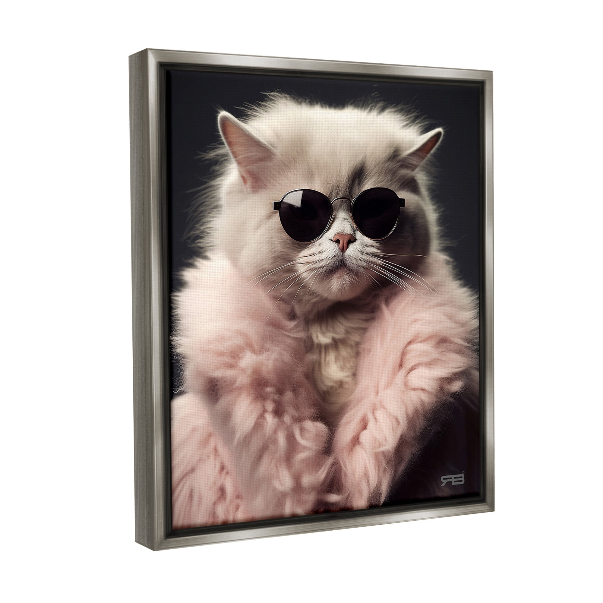 Stupell Industries Cat in Fur Jacket Animals & Insects Painting Gray Floater Framed Canvas Art Print Wall Art, 17 x 21