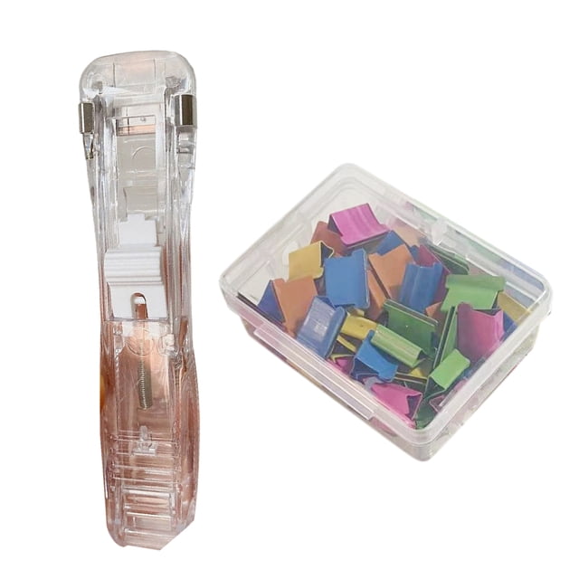 HICESS Agrafeuse de Trombones Distributeur de Trombones Portable Sans Perçage Pousse-Papier avec 50 Pinces Métalliques Transparentes Rechargeables Fournitures de Bureau et Scolaires