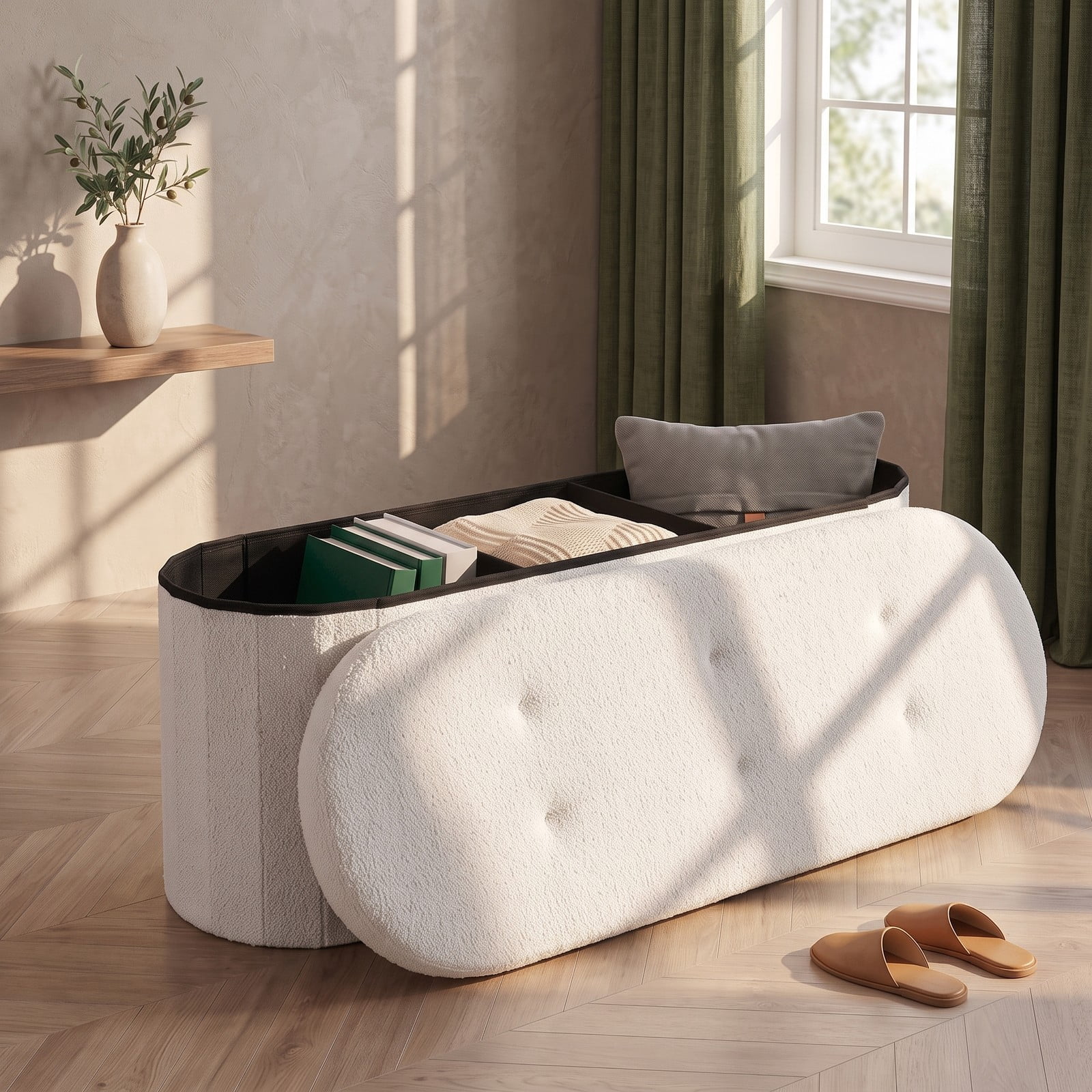 Furnibear 43 Inch Folding Teddy Fleece Storage Ottoman Bench with 2 Dividers and Tufted Padded Seat for Living Room and Bedroom, White